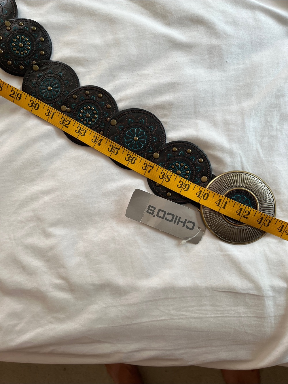 Chico’s VTG  NWT Mesa slouch belt black teal leather conchos brass round buckle - Picture 10 of 11